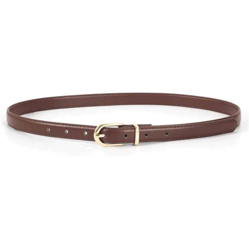Womens Skinny Leather Belt Thin Faux Leather Waist Belt Gold Silver Buckle Jeans